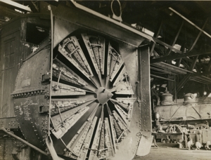 Rotary snowplow in Deer Lodge Shops, October 1, 1916.